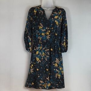 Loft Women's Navy/Yellow Floral Long Sleeve Midi Dress Size -S